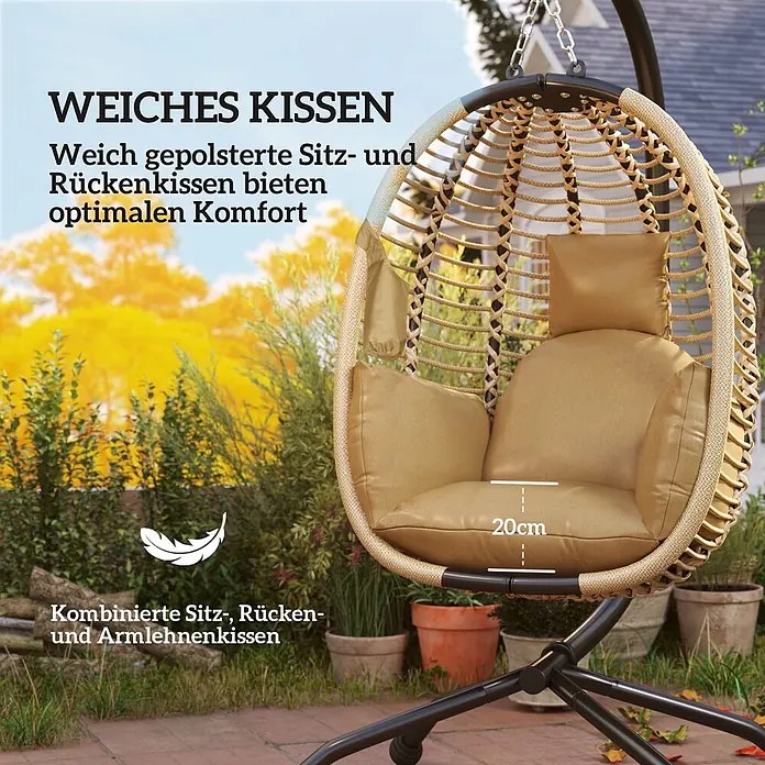 Outsunny Hängesessel - L x B x H: 110 x 100 x 188 cm, Beige - Outdoor-Hängesessel mit beigem Korbgeflecht, schwarzem Gestell und weichen, dicken goldenen Kissen (20cm).