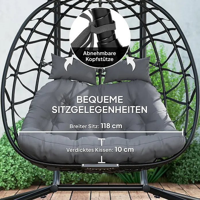 Outsunny Hängesessel mit Sonnenschutzdach - Stahl, Dunkelgrau - Schwarzer Hängesessel mit dicken grauen Kissen, 118 cm breiter Sitzfläche und abnehmbarer Kopfstütze.