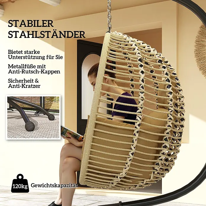Outsunny Hängesessel - L x B x H: 110 x 100 x 188 cm, Beige - Beiger Hänge-Eiersessel mit stabilem schwarzem Stahlständer, Anti-Rutsch-Füßen und 120 kg Tragfähigkeit, von einer lesenden Frau genutzt.