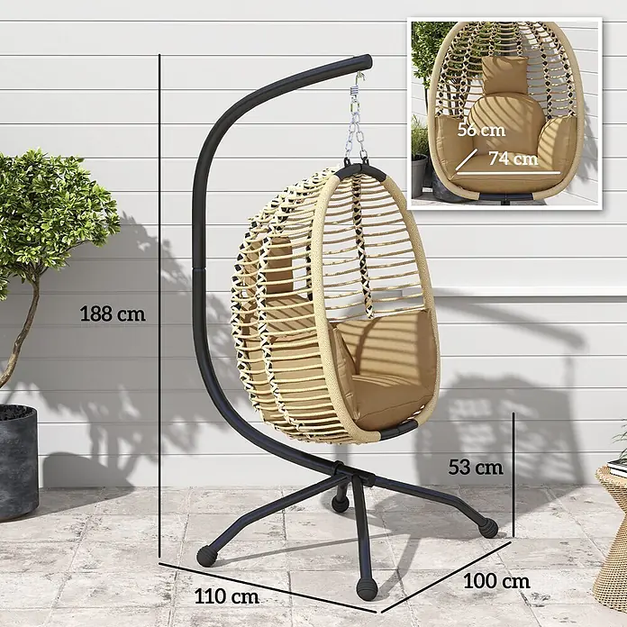 Outsunny Hängesessel - L x B x H: 110 x 100 x 188 cm, Beige - Outdoor Hängesessel, hellbraunes Rattan mit braunen Kissen, schwarzes Gestell. Gesamt 188 cm H, Basis 110x100 cm.