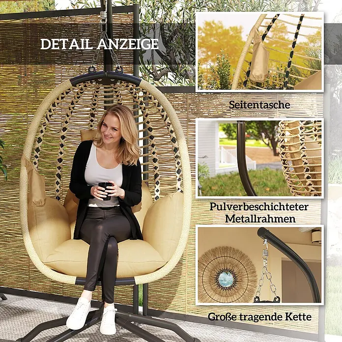 Outsunny Hängesessel - L x B x H: 110 x 100 x 188 cm, Beige - Eine Frau entspannt in einem beigefarbenen Hänge-Ei-Sessel aus Korbgeflecht mit weichen Kissen auf einer Terrasse, mit Seitentasche, pulverbeschichtetem Rahmen und stabiler Kette.