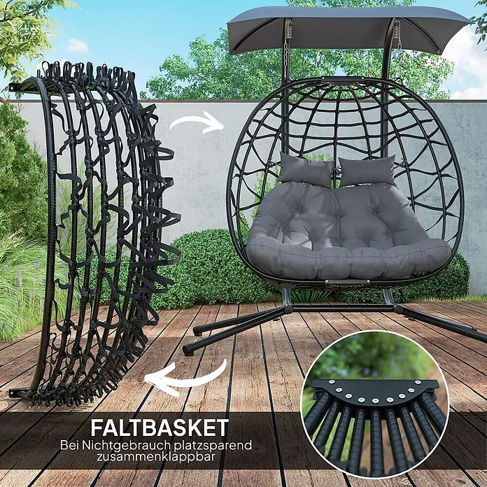 Outsunny Hängesessel mit Sonnenschutzdach - Stahl, Dunkelgrau - Schwarzer klappbarer Hängesessel mit grauen Kissen, auf einer Holzterrasse montiert und kompakt zusammengefaltet dargestellt.