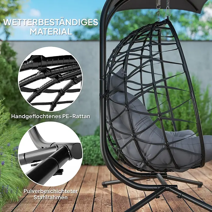 Outsunny Hängesessel mit Sonnenschutzdach - Stahl, Dunkelgrau - Schwarzer Hängesessel aus PE-Rattan mit grauen Kissen und pulverbeschichtetem Stahlrahmen auf Holzterrasse.