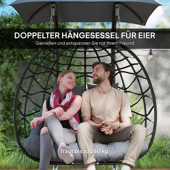 Outsunny Hängesessel mit Sonnenschutzdach - Stahl, Dunkelgrau - Schwarzer doppelter Eier-Hängesessel mit grauen Kissen, für zwei Personen. Trägt bis zu 260 kg.