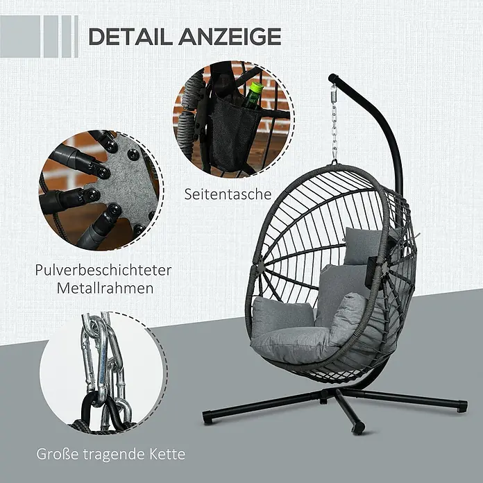 Outsunny Hängesessel - Grau - Schwarzer Hänge-Eiersessel mit grauen Kissen. Details zeigen pulverbeschichteten Metallrahmen, Seitentasche und starke Aufhängekette.