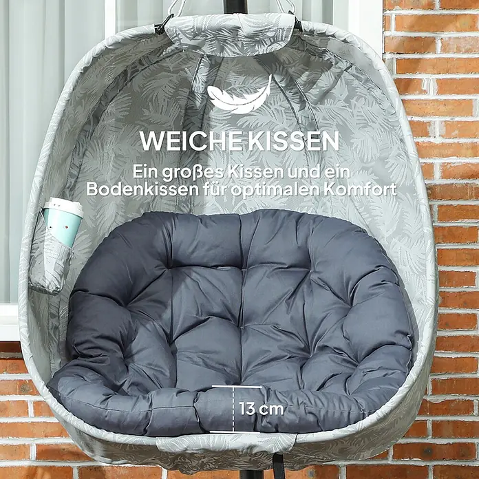 Furnicato Hängesessel - L x B x H: 126 x 90 x 180 cm, Grau - Grauer Hängesessel mit weichen, dicken grauen Kissen (13 cm) und einer Seitentasche für Getränke. Für optimalen Komfort.