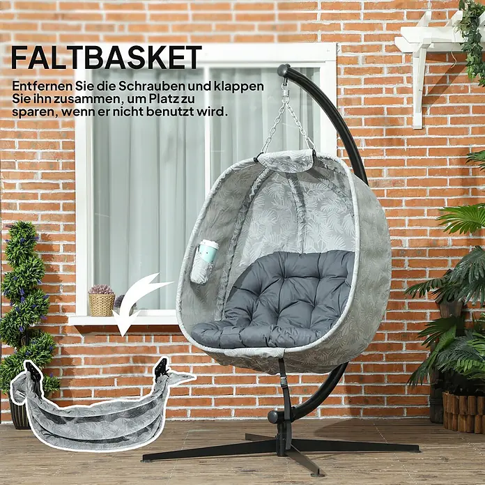 Furnicato Hängesessel - L x B x H: 126 x 90 x 180 cm, Grau - Faltbarer grauer Hänge-Eierstuhl mit dunklem Kissen auf schwarzem Gestell, auf einer Terrasse, zeigt zusammengeklappten Zustand.