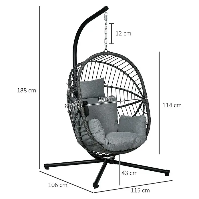 Outsunny Hängesessel - Grau - Grauer Hängesessel in Rattan-Optik mit grauen Kissen und schwarzem Metallgestell.