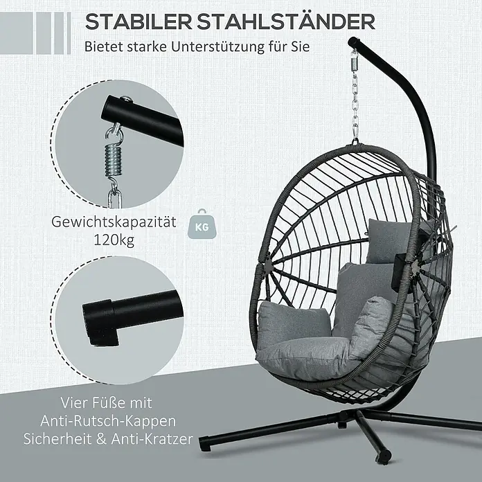 Outsunny Hängesessel - Grau - Schwarzer Hängesessel mit grauen Kissen und stabilem Stahlgestell. Tragkraft 120kg, rutschfeste Füße.