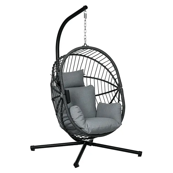 Outsunny Hängesessel - Grau - Dunkelgrauer Hängesessel im Korb-Stil mit schwarzem Metallgestell und hellgrauen Kissen.