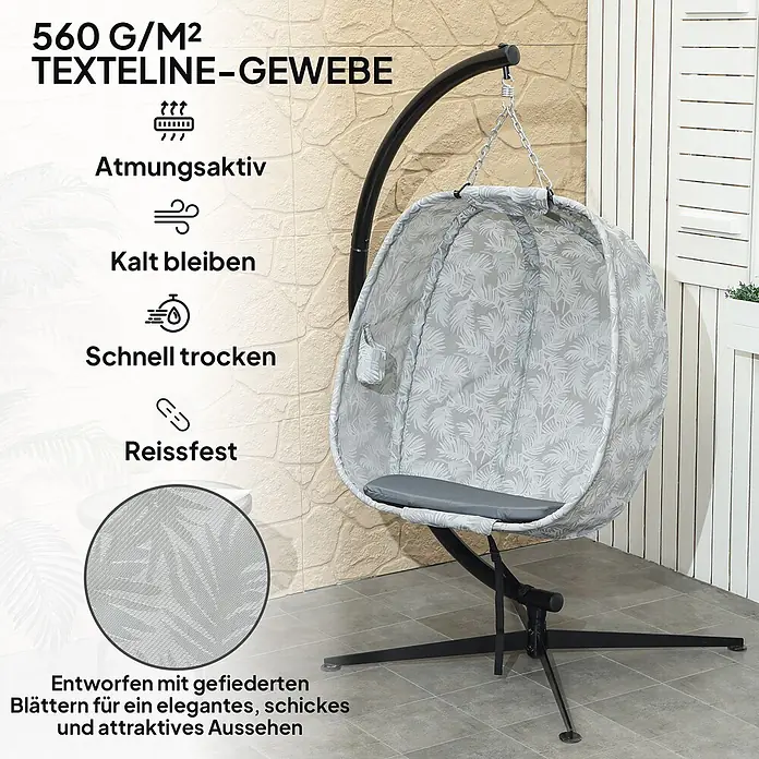 Furnicato Hängesessel - L x B x H: 126 x 90 x 180 cm, Grau - Hellgrauer Hängesessel aus Texteline-Gewebe mit Blattmuster und schwarzem Gestell, der atmungsaktive und schnelltrocknende Eigenschaften zeigt.