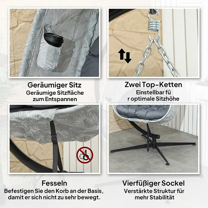 Furnicato Hängesessel - L x B x H: 126 x 90 x 180 cm, Grau - Nahaufnahmen eines Hängesessels: geräumiger Sitz mit Becherhalter, verstellbare Ketten, stabilisierende Gurte und ein vierbeiniger Sockel.