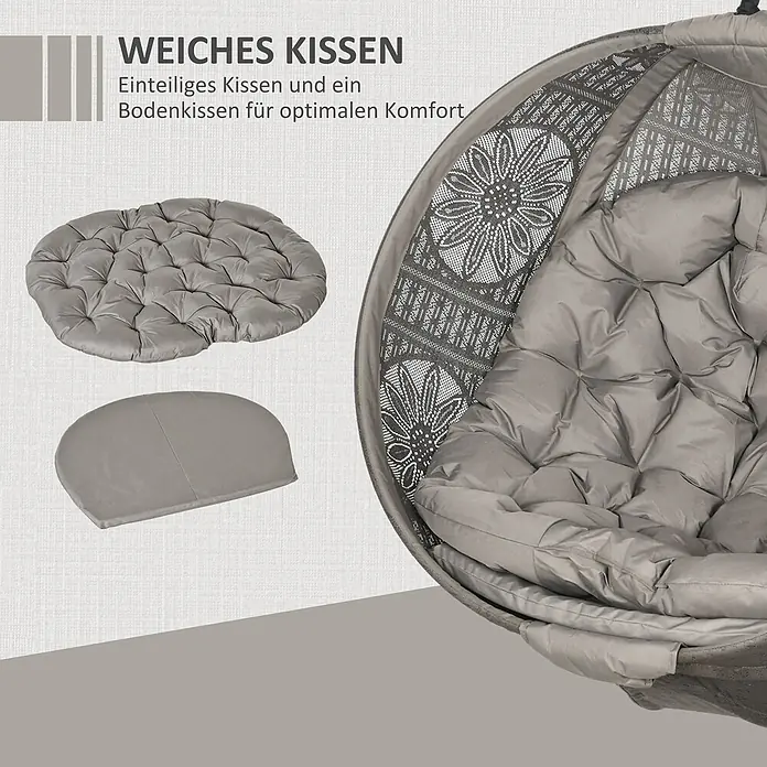 Outsunny Hängesessel - L x B x H: 125 x 116 x 172 cm, Sand - Weiche graue Sitz- und Bodenkissen für eine Hängesessel, die optimalen Komfort bieten.