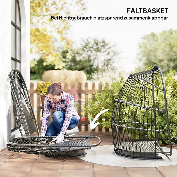 Furnicato Hängesessel - L x B x H: 74 x 68 x 105 cm, dunkelgrau - Dunkler geflochtener Klappsessel wird zur platzsparenden Aufbewahrung zusammengeklappt.