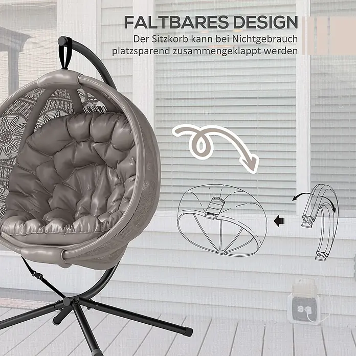 Outsunny Hängesessel - L x B x H: 125 x 116 x 172 cm, Sand - Grauer Hängesessel mit dunklem Kissen auf schwarzem Gestell, faltbares Design für platzsparende Aufbewahrung.