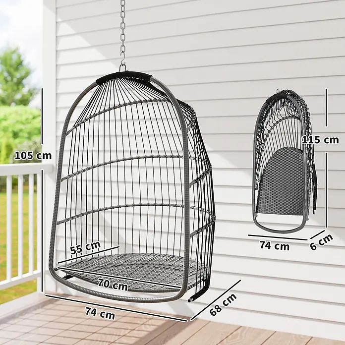 Outsunny Hängesessel Faltbar - L x B x H: 74 x 68 x 105 cm, Dunkelgrau - Dunkelgrauer Hängesessel auf einer Veranda, Maße und eine zusammengeklappte Ansicht sind dargestellt.
