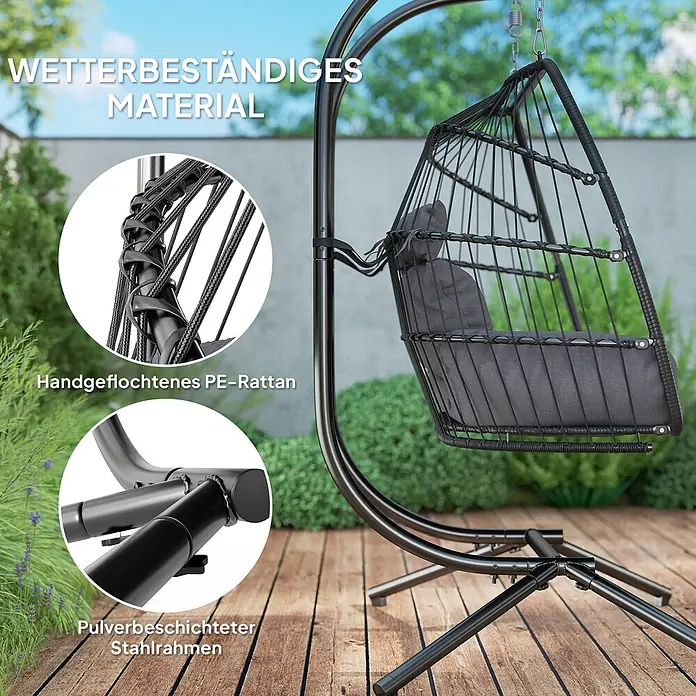 Outsunny Hängesessel faltbar - Stahl, Dunkelgrau - Schwarzer Hängesessel mit grauen Kissen aus handgeflochtenem PE-Rattan und pulverbeschichtetem Stahlrahmen, im Freien.
