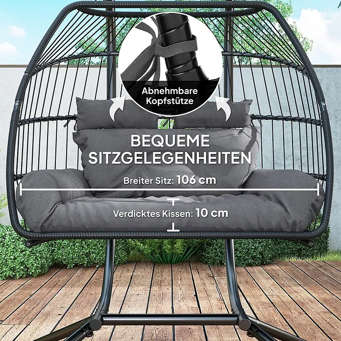 Outsunny Hängesessel faltbar - Stahl, Dunkelgrau - Bequemer Hänge-Eiersessel mit grauen Kissen, 106cm breitem Sitz, 10cm dickem Kissen und abnehmbarer Kopfstütze.