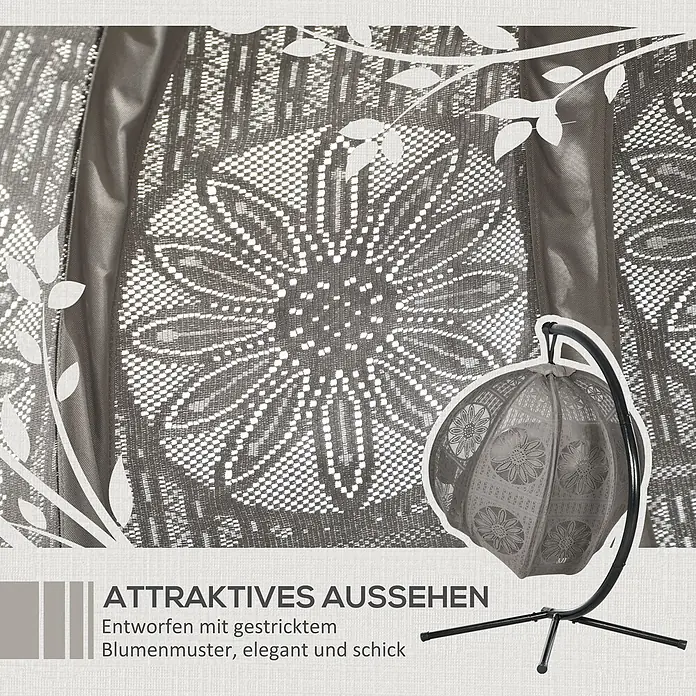 Outsunny Hängesessel - L x B x H: 125 x 116 x 172 cm, Sand - Grauer Strickstoff mit elegantem Blumenmuster, auch auf einem dekorativen Mini-Hängesessel zu sehen.