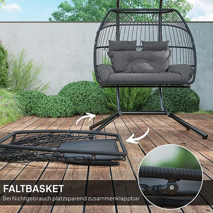 Outsunny Hängesessel faltbar - Stahl, Dunkelgrau - Schwarzer faltbarer Hängesessel mit grauen Kissen auf einer Terrasse, Korb zusammengeklappt zur platzsparenden Aufbewahrung.