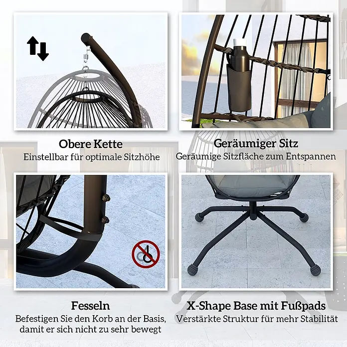 Outsunny Hängesessel - Schwarz - Detaillierte Ansichten eines schwarzen Hängesessels: verstellbare Kette, geräumiger Sitz mit Getränkehalter, Korbstabilisierung und X-Basis mit Fußpads für Stabilität.