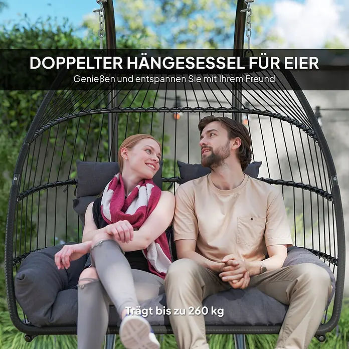 Outsunny Hängesessel faltbar - Stahl, Dunkelgrau - Ein schwarzer doppelter Hängesessel mit grauen Kissen, bietet Platz für zwei Personen.
