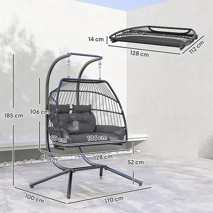 Outsunny Hängesessel faltbar - Stahl, Dunkelgrau - Schwarzer klappbarer Hängesessel mit dunkelgrauen Kissen, auf einer Terrasse gezeigt. Maße: Gesamt 185 cm H, Basis 170x100 cm, Sitz 106x60 cm. Geklappt: 128x112x14 cm.