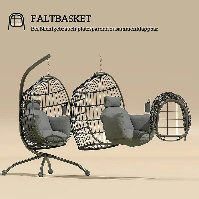 Outsunny Hängesessel - Schwarz - Faltbarer dunkelgrauer Hängesessel, montiert und platzsparend zusammengeklappt dargestellt.