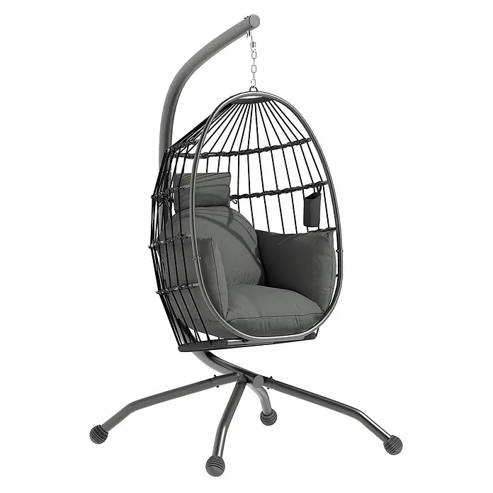Outsunny Hängesessel - Schwarz - Dunkelgrauer Eier-Hängesessel mit Metallgestell und plüschigen grauen Kissen.