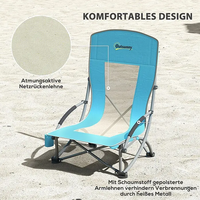 Outsunny Campingstuhl 2er-Set mit Becherhalter - Oxfordstoff, Metall, Klappbar, Blau, B x T x H: 58 x 70 x 79 cm - Blauer Strandstuhl mit atmungsaktiver Netzrückenlehne und gepolsterten Armlehnen gegen Verbrennungen auf Sand.