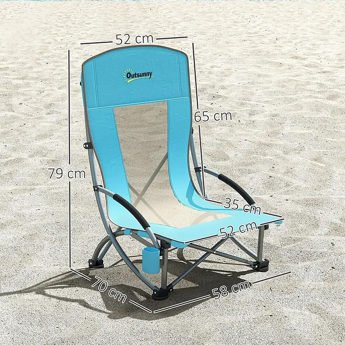 Outsunny Campingstuhl 2er-Set mit Becherhalter - Oxfordstoff, Metall, Klappbar, Blau, B x T x H: 58 x 70 x 79 cm - Blauer und beigefarbener Outsunny Strandstuhl mit Metallrahmen auf Sand, Maße: 79 cm Höhe, 58 cm Breite, 70 cm Tiefe.
