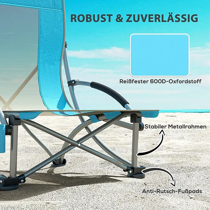 Outsunny Campingstuhl 2er-Set mit Becherhalter - Oxfordstoff, Metall, Klappbar, Blau, B x T x H: 58 x 70 x 79 cm - Hellblauer Strandstuhl am Sandstrand, zeigt reißfesten Oxfordstoff, stabilen Metallrahmen und Anti-Rutsch-Fußpads.
