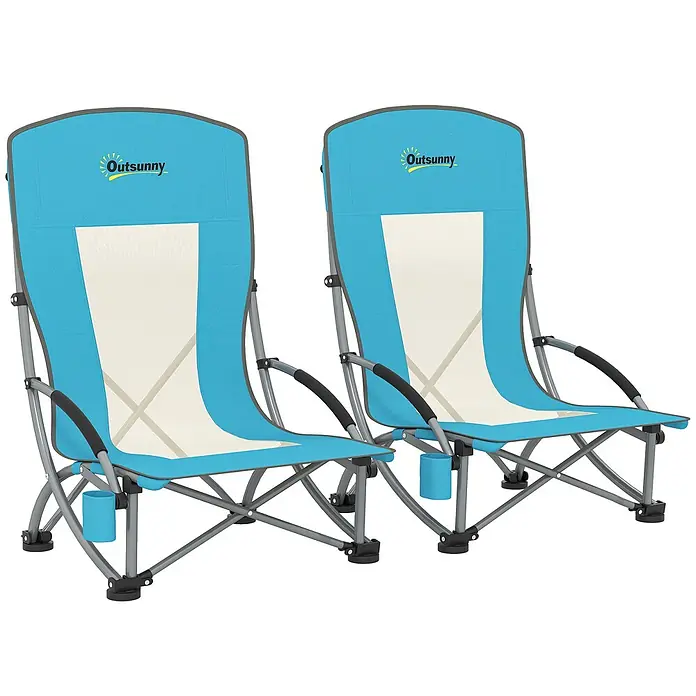 Outsunny Campingstuhl 2er-Set mit Becherhalter - Oxfordstoff, Metall, Klappbar, Blau, B x T x H: 58 x 70 x 79 cm - Zwei blaue, faltbare Hochlehner-Strandstühle mit beigem Netz, Metallgestell und Getränkehaltern.