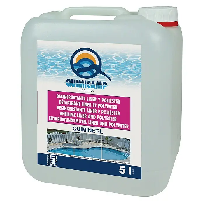 Quimicamp Desincrustante de piscina Quiminet - 5 l - Imagen de un bidón de 5 litros de Quimicamp Quiminet-L, un desincrustante para liners y piscinas de poliéster.