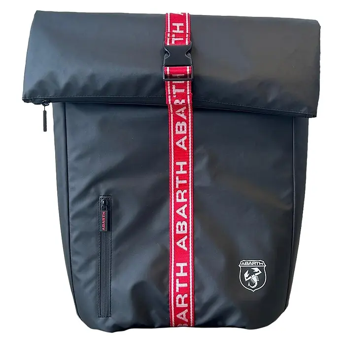 Abarth Mochila impermeable - Negro/Rojo - Mochila roll-top negra con una correa roja con el logo 'ABARTH', bolsillo frontal con cremallera y el logo del escorpión Abarth.