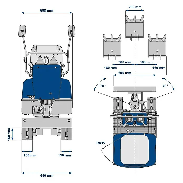 Scheppach Minibagger EXC815 - 6,3 kW, Auslegerschwenkbereich: -70 ° - 70 °, Benzin, Blau - Blaue und graue technische Zeichnungen einer Maschine mit Draufsicht, Vorderansicht und Seitenansicht, detaillierte Abmessungen (z.B. 698 mm Breite, R635 Radius) und Winkel (70°).