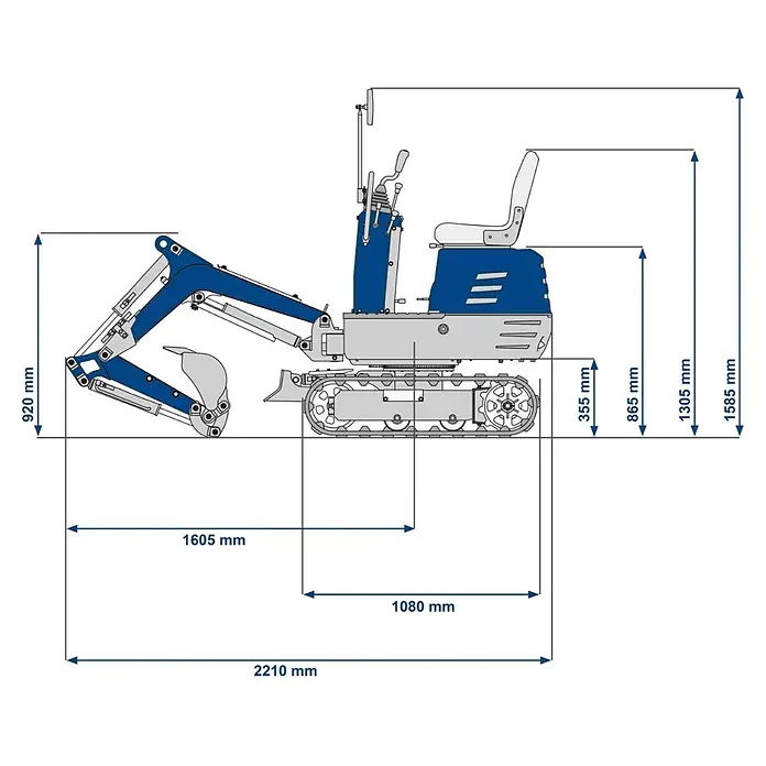 Scheppach Minibagger EXC815 - 6,3 kW, Auslegerschwenkbereich: -70 ° - 70 °, Benzin, Blau - Seitenansicht eines blau-grauen Minibaggers mit Bemaßungen.