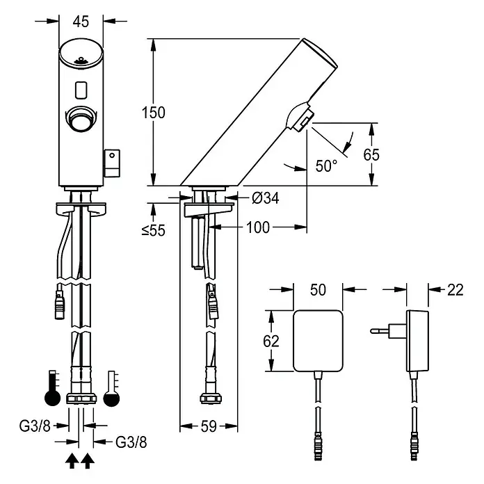 KWC Standventil KWC AR Standbatterie, F3, elek., Mischer, 6l, Steckernetzteil 230 VAC - Messing poliert verchromt - Technisches Zeichnung eines elektronischen Waschtischarmaturen-Systems mit separater Steuerung und Netzteil, inklusive Maßen und Anschlüssen.