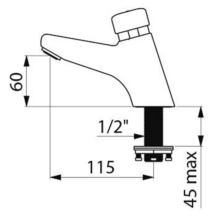 Delabie Standventil Delabie Stand Selbstschlussventil TEMPOSTOP2 AB G1/2B 7 Sek. - Chrom - Verchromte Einhebel-Mischbatterie mit Installationsmaßen, zeigt Auslaufhöhe und Montagegewinde.