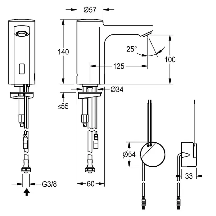 KWC Standventil KWC AR Standventil, F5, elek., o. Mischung, 5l, UP-Netzteil 230 VAC - Messing poliert verchromt - Technische Zeichnung einer Armatur mit detaillierten Installationsmaßen, Anschlüssen und Exzenter-Ablaufgarnitur.
