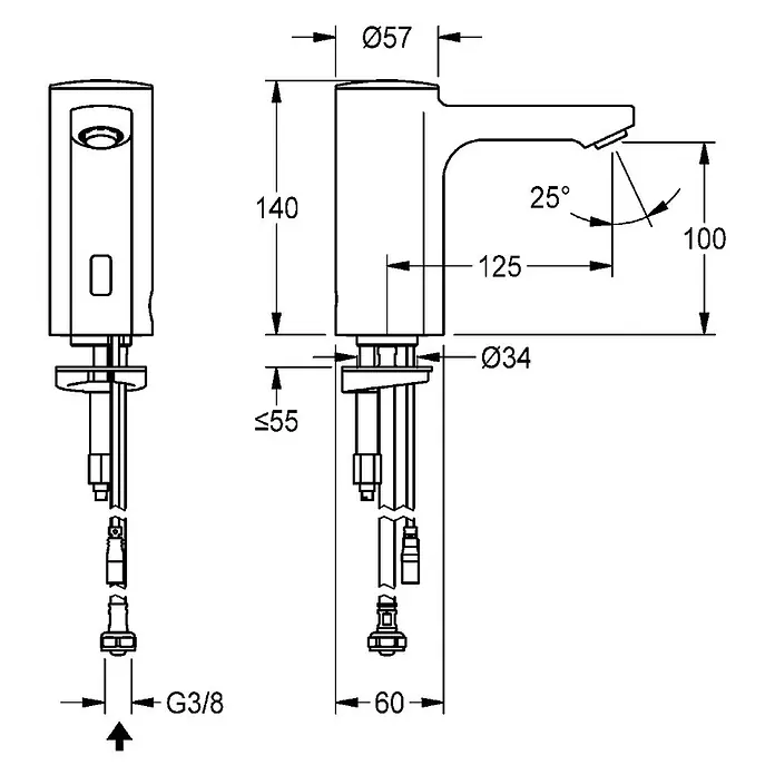 KWC Standventil KWC AR Standventil, F5, elek., o. Mischung, 5l, für Netzteil -  - Technische Zeichnung einer Einhebel-Waschtischarmatur mit Maßen, gekrümmtem Auslauf und Montagedetails.