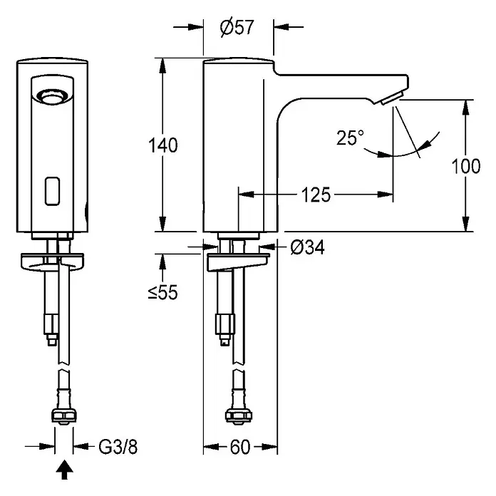 KWC Standventil KWC AR Standventil, F5, elek., o. Mischung, 5l, Batterie - Messing poliert verchromt - Technische Zeichnung eines modernen Einloch-Sensorwasserhahns mit Maßen und Einbaudetails.