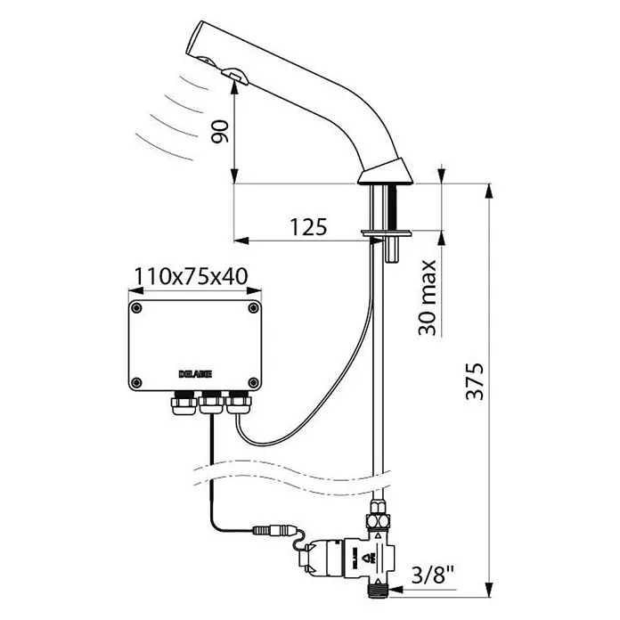 Delabie Spültischarmatur Delabie - Chrom - Technische Zeichnung eines Sensorhahns mit Maßen. Sie zeigt den Auslauf, eine Steuerbox (110x75x40mm) und einen 3/8" Anschluss.