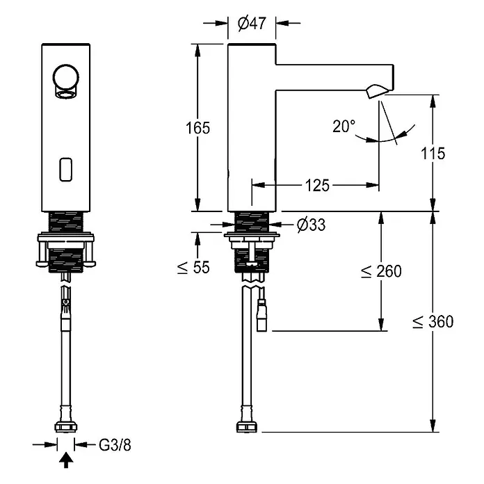 KWC Standventil -  - Technische Zeichnung eines modernen, rechteckigen Wasserhahns mit Maßen für die Installation, inkl. G3/8 Anschluss.