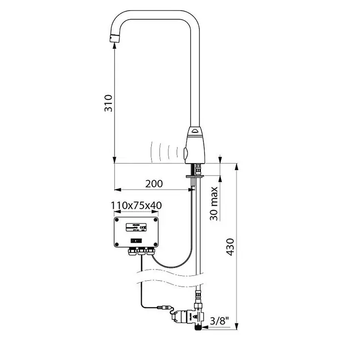 Delabie Spültischarmatur Delabie - Chrom - Technische Zeichnung einer sensoraktivierten Küchenarmatur mit U-Auslauf, Steuerbox und 3/8" Wasseranschluss, inkl. Maßen.