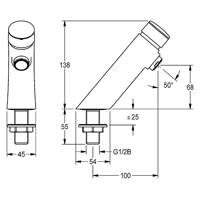 KWC Standventil KWC AR Standventil, F3, hydraulisch, ohne Mischung, 3l -  - Technische Zeichnung eines hohen Einhebel-Waschtischmischers mit Maßen, in Vorder- und schräger Seitenansicht.