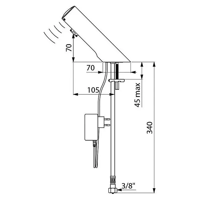 Delabie Spültischarmatur Delabie - Chrom - Seitenansicht eines wandmontierten Sensorhahns mit schrägem Auslauf, Sensor, Netzteil und Maßen, Gesamthöhe 340 mm.