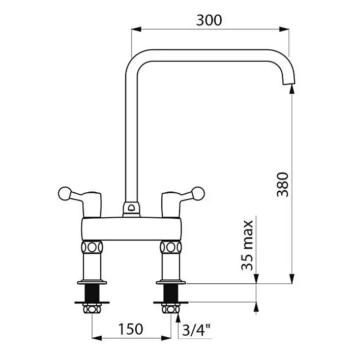 Delabie Spültischarmatur Delabie -  - Technische Zeichnung einer Zweigriff-Brückenarmatur mit Maßen: 300mm Ausladung, 380mm Höhe, 150mm Abstand, 3/4" Anschluss.