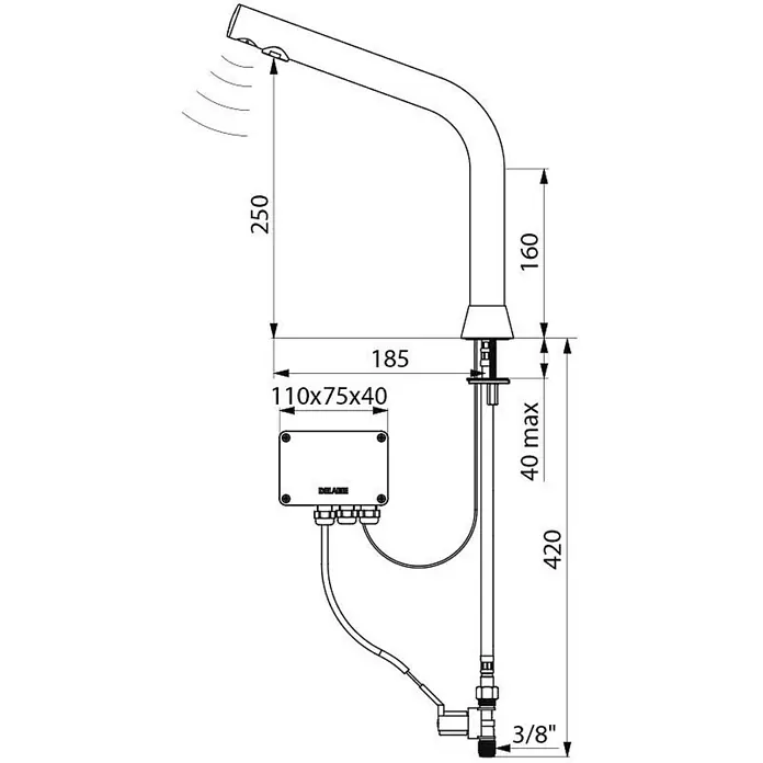 Delabie Spültischarmatur Delabie - Chrom - Technische Zeichnung eines Sensorwasserhahns mit Steuerbox und Maßen.