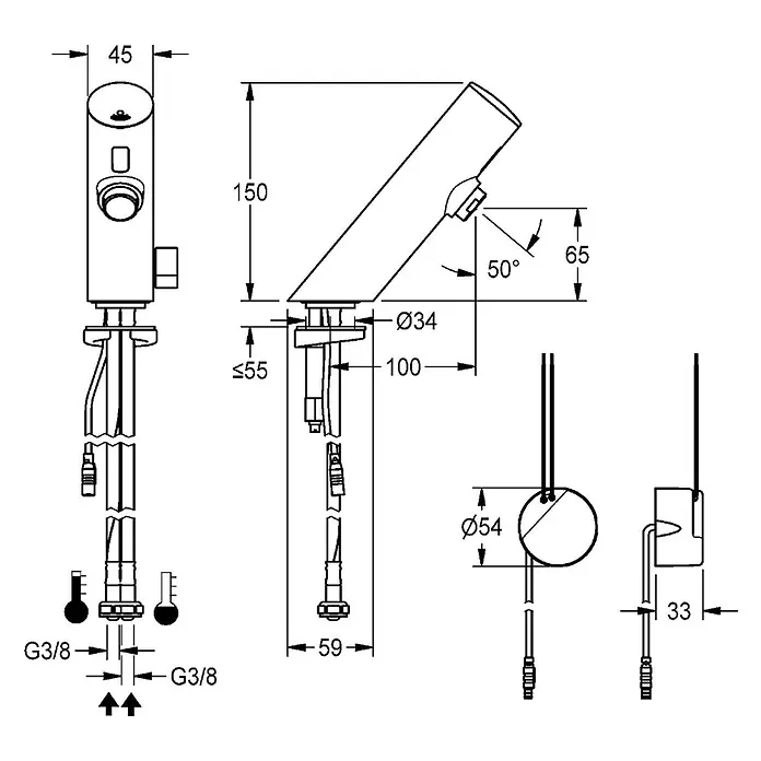 KWC Standventil KWC AR Standbatterie, F3, elek., Mischer, 6l, UP-Netzteil 230 VAC - Messing poliert verchromt - Technische Zeichnung einer modernen Einhebelarmatur mit schrägem Auslauf, Maßen, G3/8-Anschlüssen und separater Bedieneinheit.